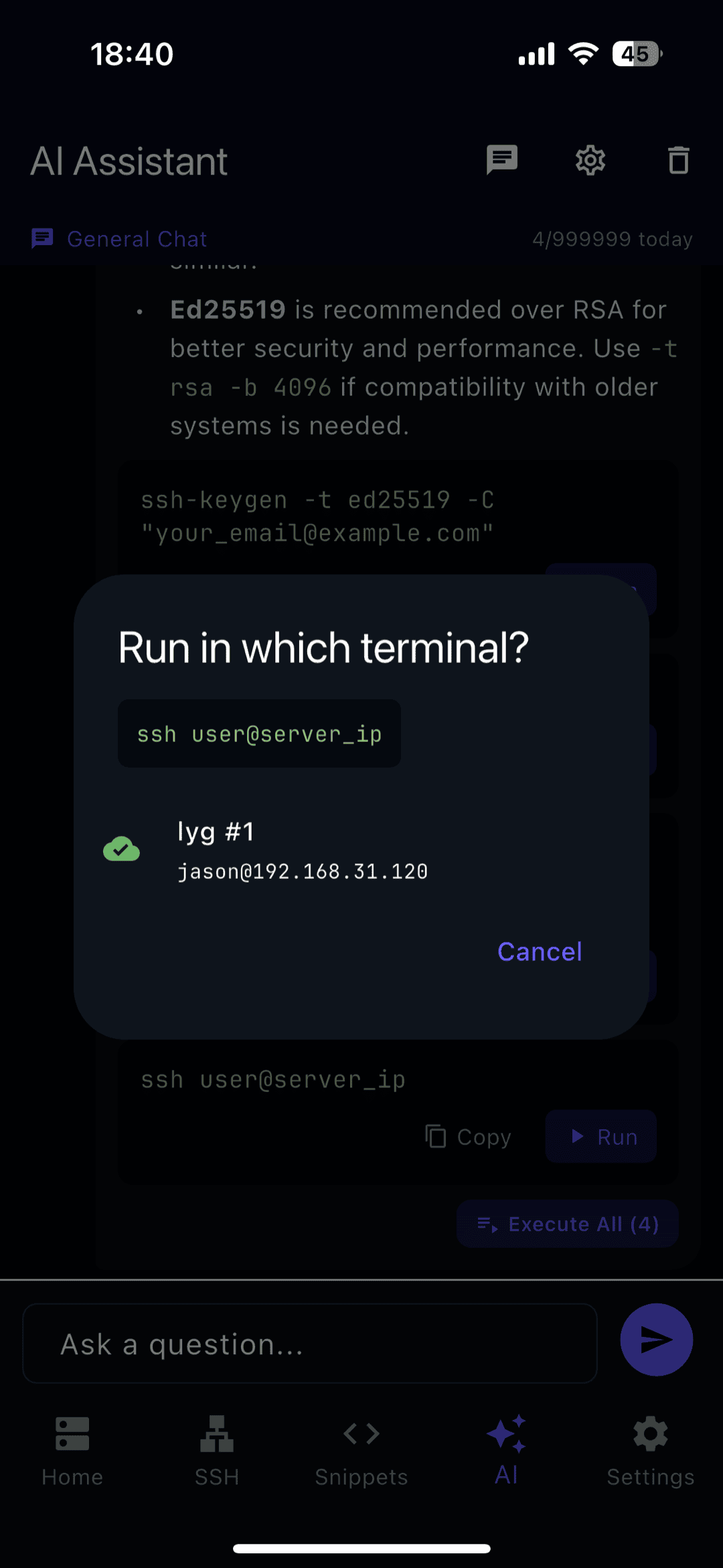 Running an AI-suggested command directly in the TermAI terminal