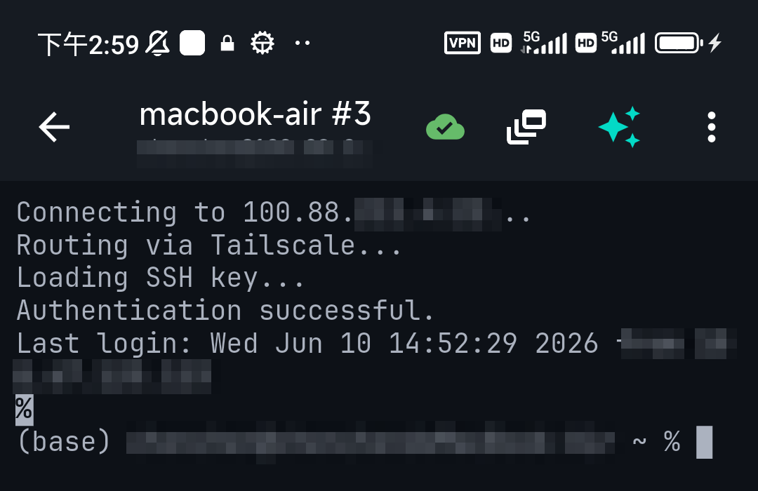 An SSH session to a home server over Tailscale from a phone