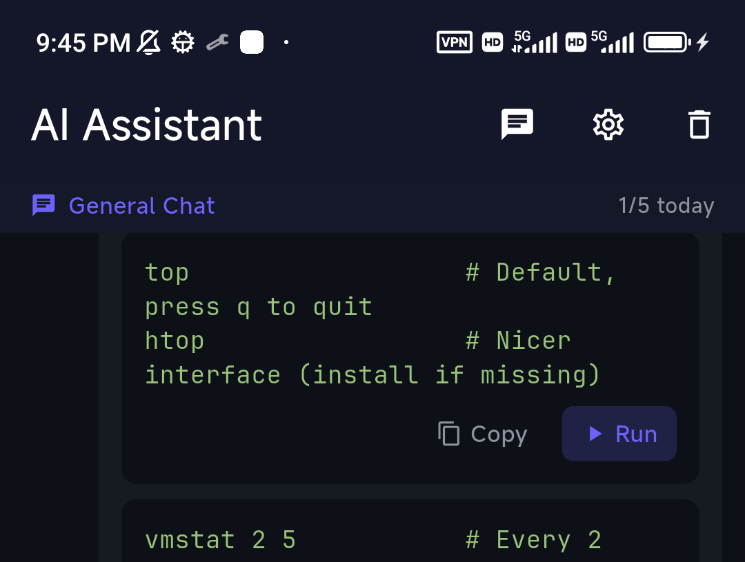 TermAI suggesting a pihole command with a Run button on a phone
