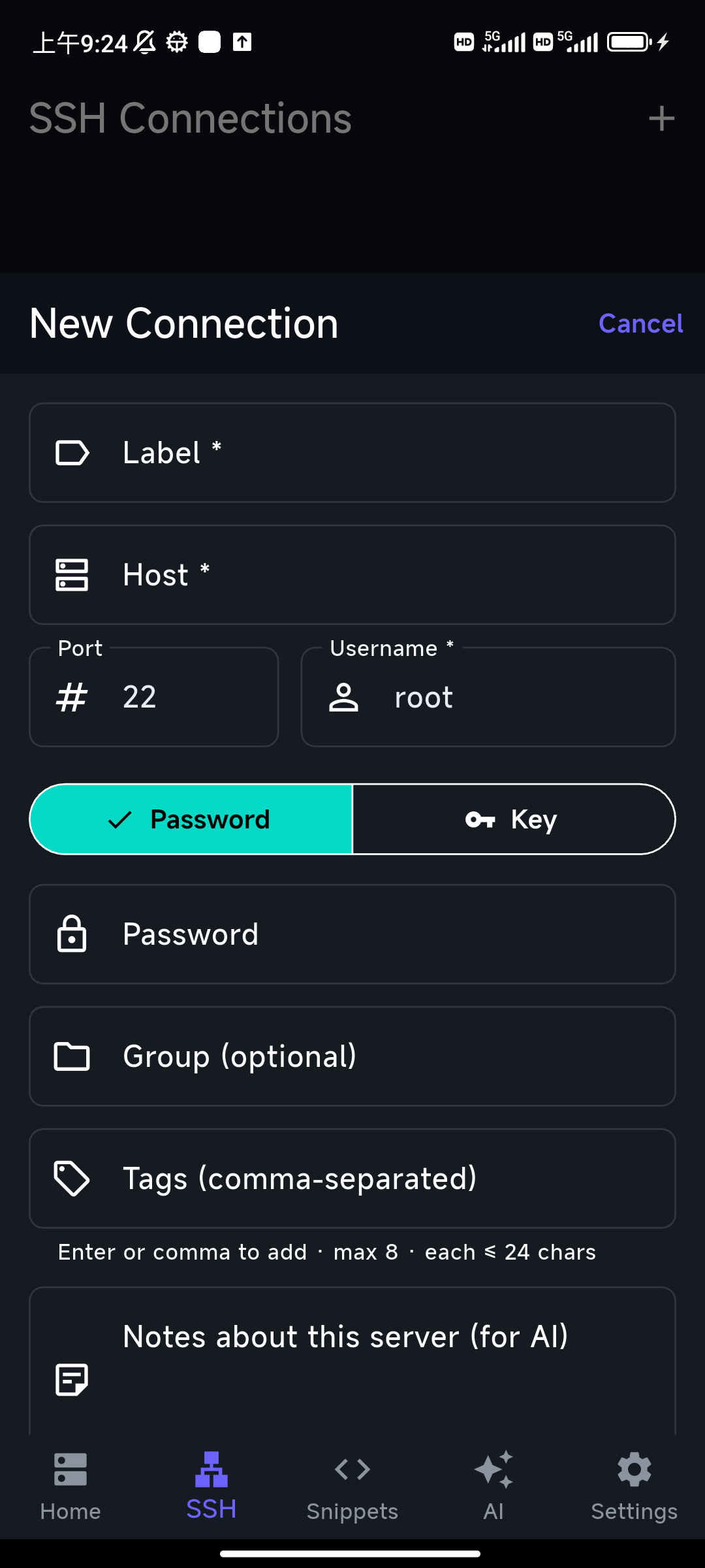 The New Connection form in TermAI on Android, with fields for label, host, port, username, and a Password/Key toggle