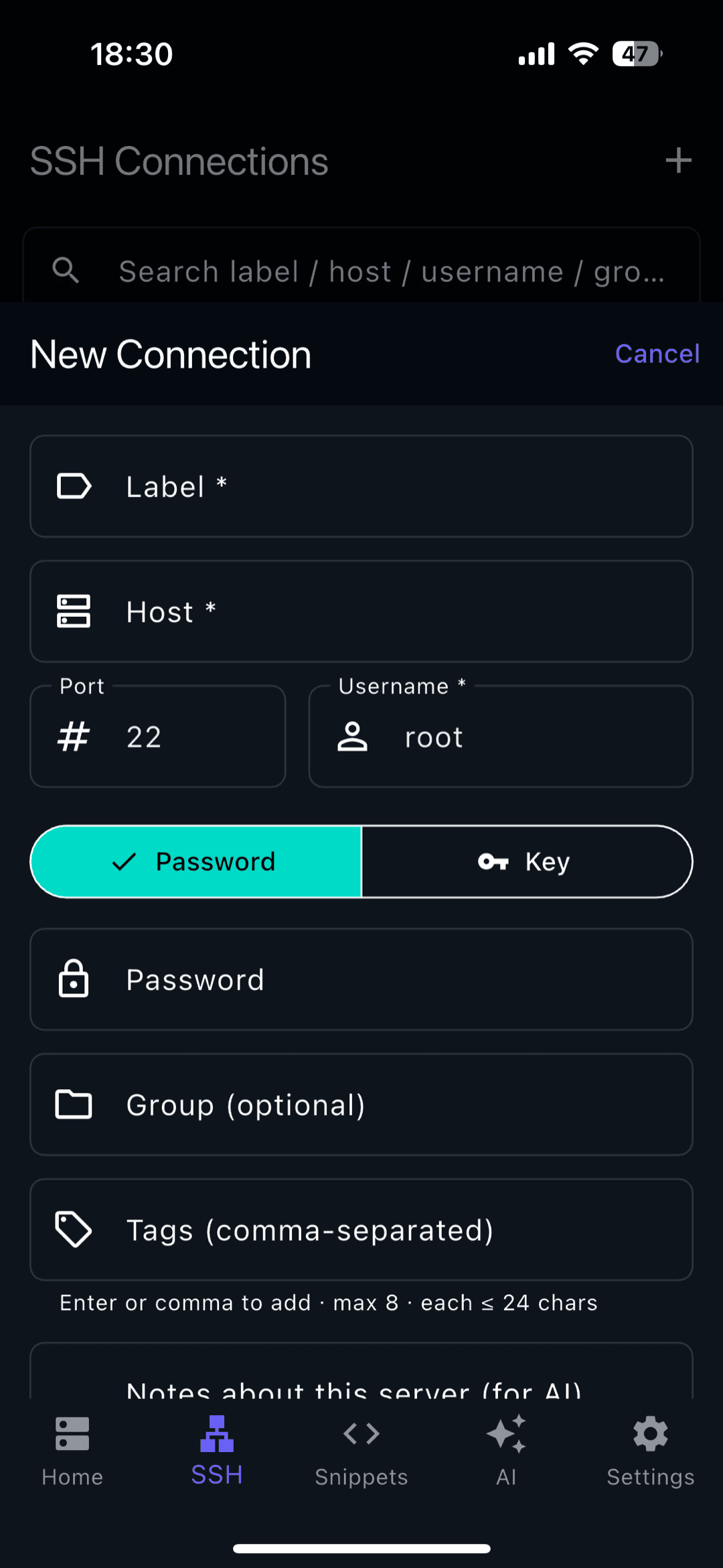 Adding a new SSH connection on iPad — host, port, and username fields