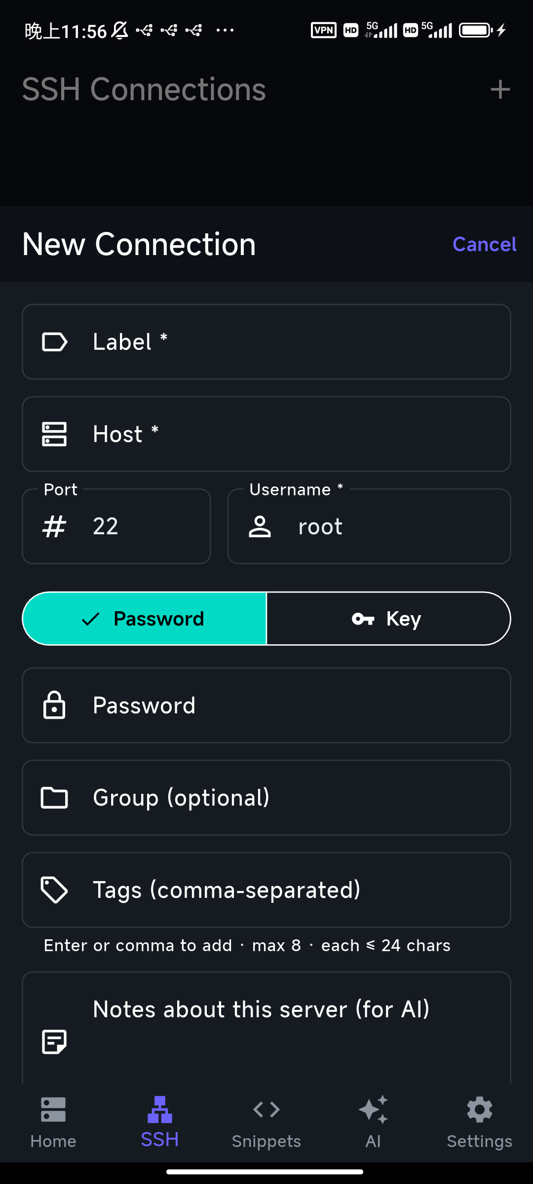 A connection in TermAI with the Password / Key authentication toggle