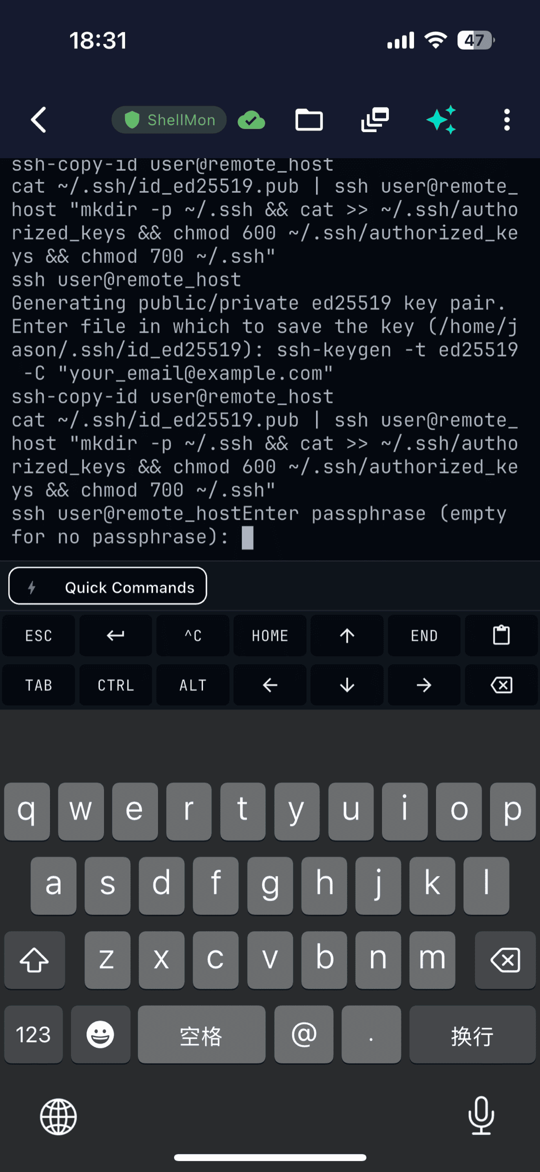 Android 上の稼働中の SSH セッションと特殊キーの行